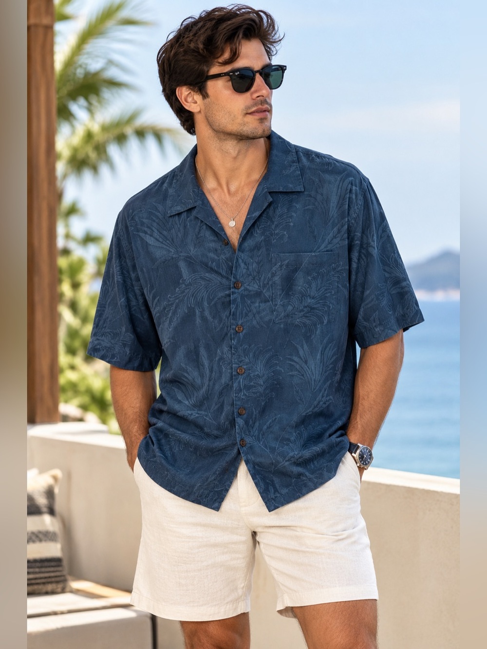 100% Silk Men's Short-Sleeve Textured Hawaiian Shirt Slate Blue Relaxed Fit XL
